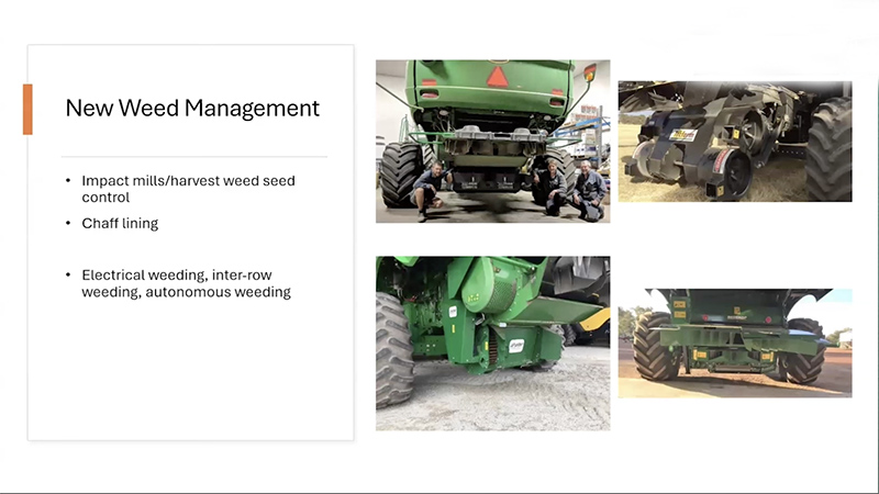 Screenshot from CPN TV 2026 presentation about weeds in canola. 
New Weed Management. Impact mills/harvest weed seed control, chaff lining, electrical weeding, inter-row weeding, autonomous weeding. Four photos of machinery featuring the latest weed seed destroyer technology. 