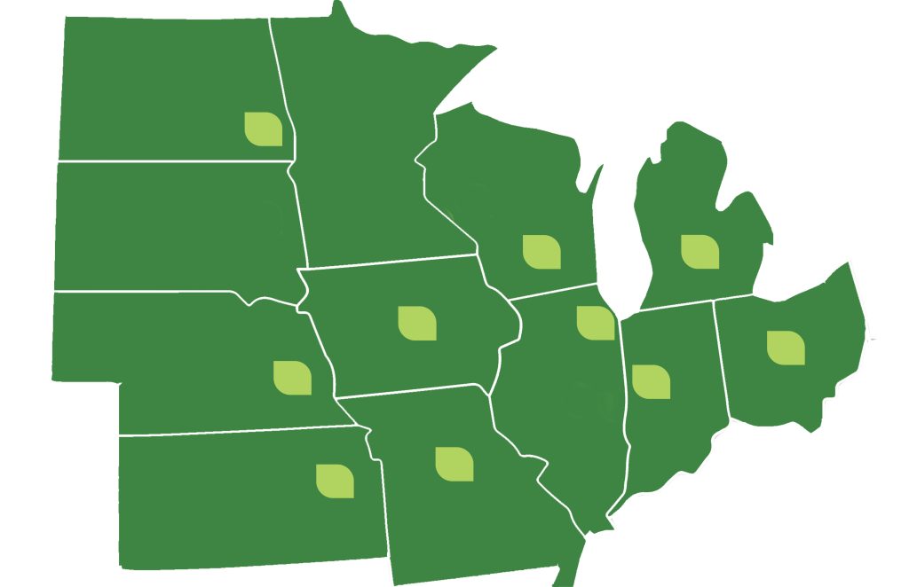 Map of 12 North Central states showing that funding was awarded to North Dakota, Nebraska, Kansas, Iowa, Wisconsin, Illinois, Missouri, Indiana and Michigan