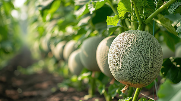 Row of cantaloupe melons beginning to ripen on their vines.