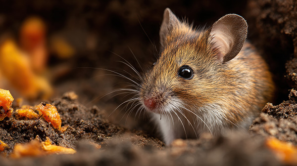 Cute mouse peeking out of a burrow