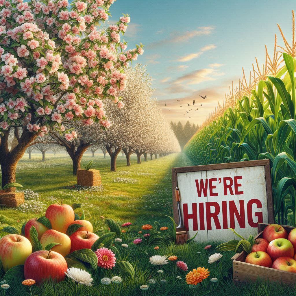 AI-generated image of an apple orchard next to a corn field with a glowing sunset in the sky. A sign for "we're hiring" is in the front alongside boxes of apples.