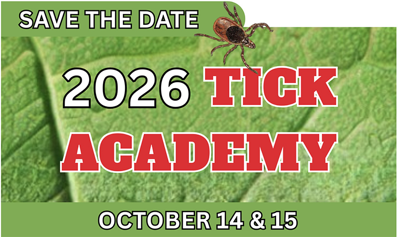 Save the date: 2026 Tick Academy: October 14 & 15. Green leaf background with a tick crawling along the top.