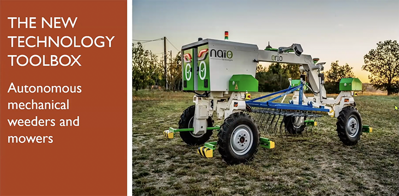 Screenshot from the weed control webinar: The New Technology Toolkit. Autonomous mechanical weeders and mowers.